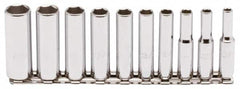 Proto - 10 Piece 1/4" Drive Chrome Finish Deep Well Socket Set - 6 Points, 3/16" to 9/16" Range, Inch Measurement Standard - Makers Industrial Supply