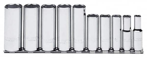 Proto - 10 Piece 3/8" Drive Chrome Finish Deep Well Socket Set - 6 Points, 5/16" to 7/8" Range, Inch Measurement Standard - Makers Industrial Supply