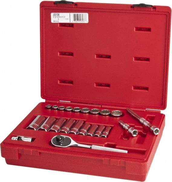 Proto - 22 Piece 3/8" Drive Chrome Finish Deep Well Socket Set - 12 Points, 3/8" to 7/8" Range, Inch Measurement Standard - Makers Industrial Supply