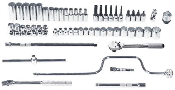 Proto - 57 Piece 3/8" Drive Chrome Finish Deep Well Socket Set - 12 Points, 6mm to 22mm Range, Metric Measurement Standard - Makers Industrial Supply