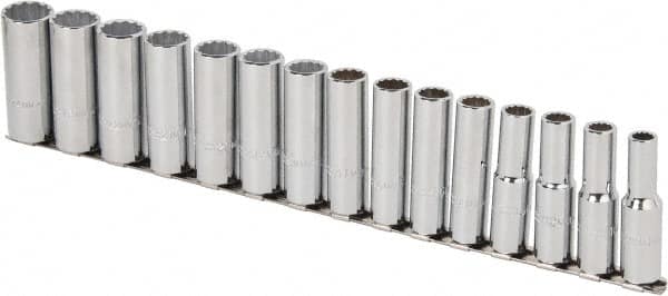 Proto - 15 Piece 1/2" Drive Chrome Finish Deep Well Socket Set - 12 Points, 10mm to 24mm Range, Metric Measurement Standard - Makers Industrial Supply