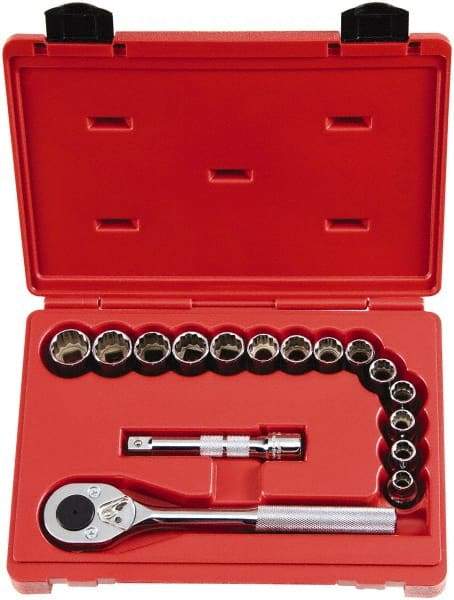 Proto - 16 Piece 1/2" Drive Chrome Finish Socket Set - 12 Points, 10mm to 23mm Range, Metric Measurement Standard - Makers Industrial Supply