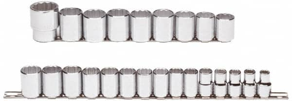 Proto - 24 Piece 1/2" Drive Chrome Finish Socket Set - 12 Points, 10mm to 36mm Range, Metric Measurement Standard - Makers Industrial Supply