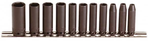 Proto - 11 Piece 1/4" Drive Black Finish Deep Well Impact Socket Set - 6 Points, 3/16" to 5/8" Range, Inch Measurement Standard - Makers Industrial Supply