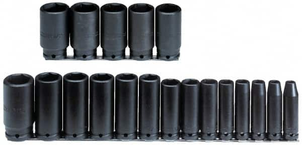 Proto - 19 Piece 1/2" Drive Black Finish Deep Well Impact Socket Set - 6 Points, 3/8" to 1-1/2" Range, Inch Measurement Standard - Makers Industrial Supply