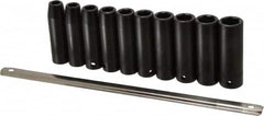 Proto - 10 Piece 1/2" Drive Black Finish Deep Well Impact Socket Set - 6 Points, 10mm to 19mm Range, Metric Measurement Standard - Makers Industrial Supply