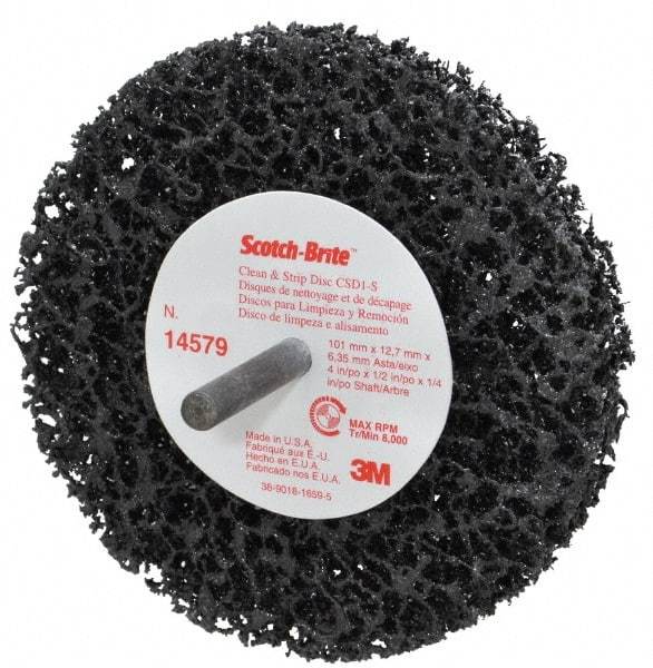 3M - 4" Very Coarse Grade Silicon Carbide Deburring Disc - 1/4" Shank Diam, 1/2" Center Hole, Shank Connection, Black, 8,000 Max RPM - Makers Industrial Supply