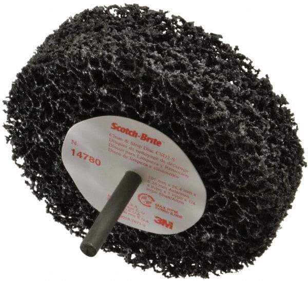 3M - 4" Very Coarse Grade Silicon Carbide Deburring Disc - 1/4" Shank Diam, 1" Center Hole, Shank Connection, Black, 8,000 Max RPM - Makers Industrial Supply