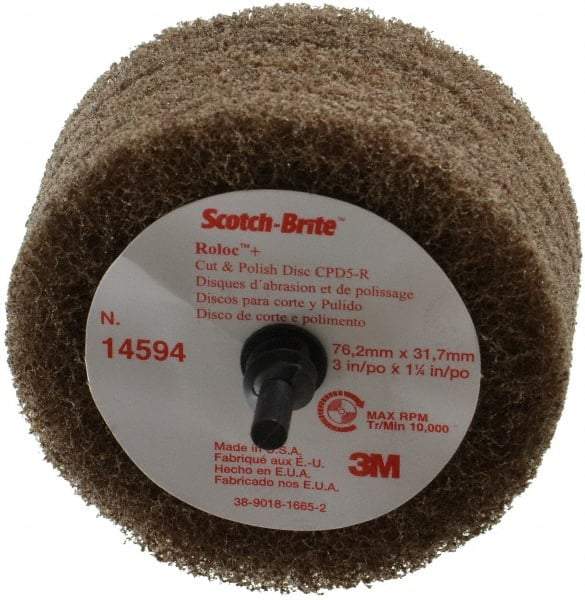 3M - 3" Medium Grade Aluminum Oxide Deburring Disc - 1/4" Shank Diam, Shank Connection, Tan, 8,500 Max RPM - Makers Industrial Supply