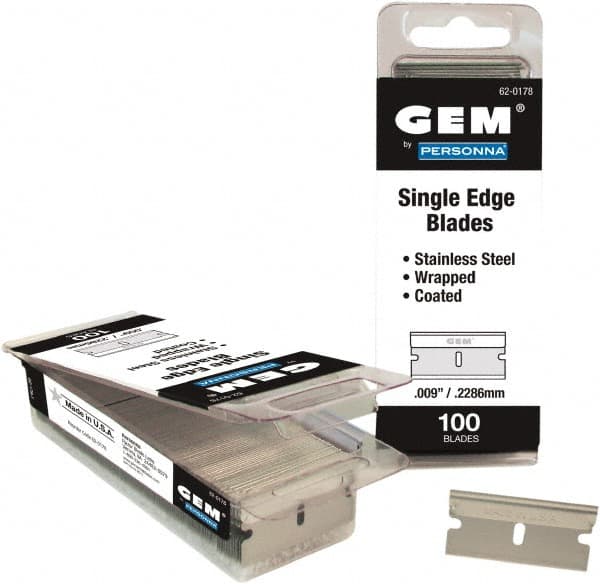 GEM - 100 Piece Stainless Steel Single Edge Blade - 1-1/2" OAL, 0.009" Blade Thickness - Makers Industrial Supply