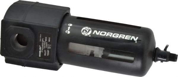 Norgren - 1/2" Port, 7.95" High x 3.15" Wide Standard Filter with Polycarbonate Bowl, Manual Drain - 140 SCFM, 150 Max psi, 125°F Max Temp, Modular Connection, Bowl Guard, 7 oz Bowl Capacity - Makers Industrial Supply