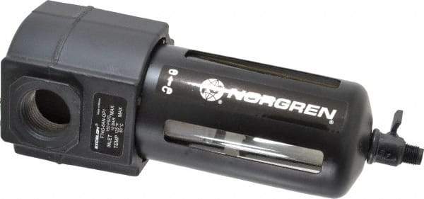 Norgren - 3/4" Port, 7.95" High x 3.15" Wide Standard Filter with Polycarbonate Bowl, Manual Drain - 140 SCFM, 150 Max psi, 125°F Max Temp, Modular Connection, Bowl Guard, 7 oz Bowl Capacity - Makers Industrial Supply