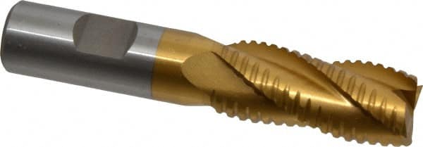 Interstate - 13/16" Diam, 1-7/8" LOC, 4 Flute Cobalt Roughing & Finishing Square End Mill - TiN Finish, 4-1/8" OAL, 3/4" Shank Diam, Weldon Shank, 30° Helix, Non-Centercutting - Makers Industrial Supply