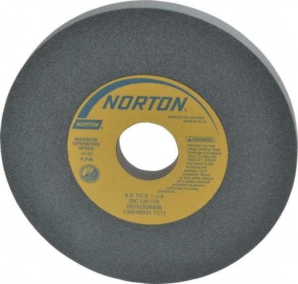 Norton - 6" Diam x 1-1/4" Hole x 1/2" Thick, I Hardness, 120 Grit Surface Grinding Wheel - Silicon Carbide, Type 1, Fine Grade, 4,140 Max RPM, Vitrified Bond, No Recess - Makers Industrial Supply