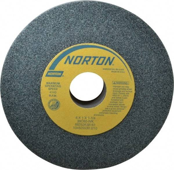 Norton - 6" Diam x 1-1/4" Hole x 1" Thick, I Hardness, 60 Grit Surface Grinding Wheel - Silicon Carbide, Type 1, Medium Grade, 4,140 Max RPM, Vitrified Bond, No Recess - Makers Industrial Supply