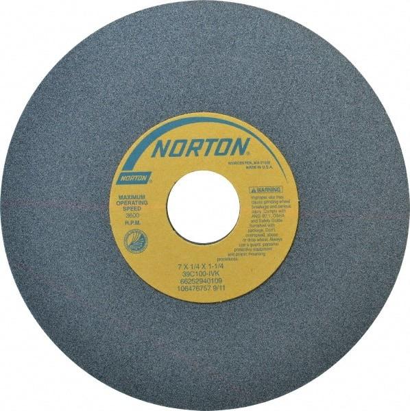 Norton - 7" Diam x 1-1/4" Hole x 1/4" Thick, I Hardness, 100 Grit Surface Grinding Wheel - Silicon Carbide, Type 1, Fine Grade, 3,600 Max RPM, Vitrified Bond, No Recess - Makers Industrial Supply