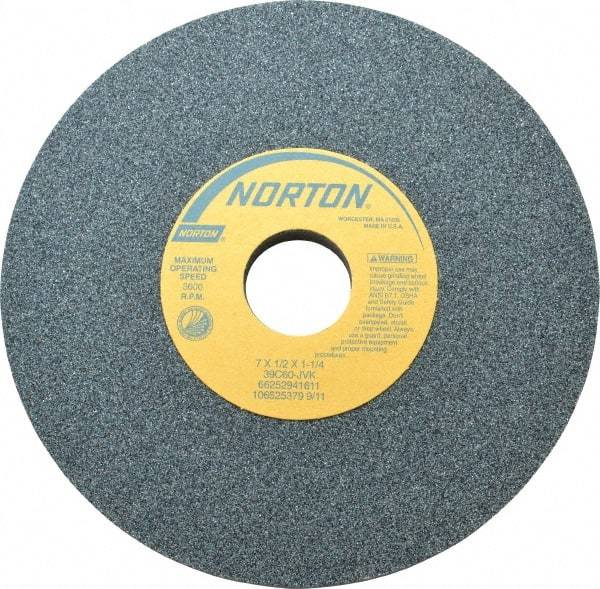 Norton - 7" Diam x 1-1/4" Hole x 1/2" Thick, J Hardness, 60 Grit Surface Grinding Wheel - Silicon Carbide, Type 1, Medium Grade, 3,600 Max RPM, Vitrified Bond, No Recess - Makers Industrial Supply