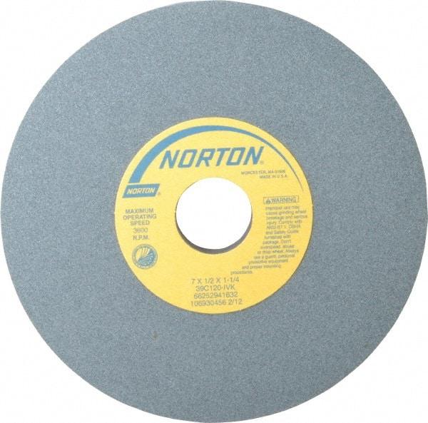 Norton - 7" Diam x 1-1/4" Hole x 1/2" Thick, I Hardness, 120 Grit Surface Grinding Wheel - Silicon Carbide, Type 1, Fine Grade, 3,600 Max RPM, Vitrified Bond, No Recess - Makers Industrial Supply