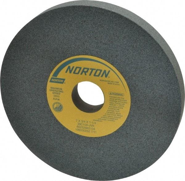 Norton - 7" Diam x 1-1/4" Hole x 3/4" Thick, J Hardness, 100 Grit Surface Grinding Wheel - Silicon Carbide, Type 1, Fine Grade, 3,600 Max RPM, Vitrified Bond, No Recess - Makers Industrial Supply