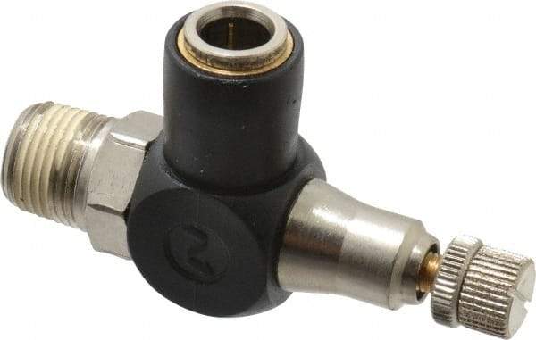 Norgren - 3/8" Tube Inlet x 3/8" NPTF Outlet Right Angle Adjustable Flow Control Valve - 5 to 150 psi, Needle Valve & Thermoplastic Material - Makers Industrial Supply