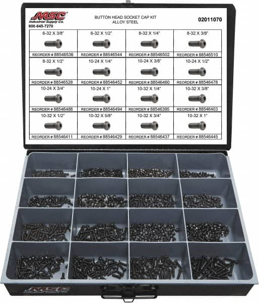 Value Collection - 1,100 Piece Steel Socket Head Cap Screws - #6 to #10 Thread - Makers Industrial Supply