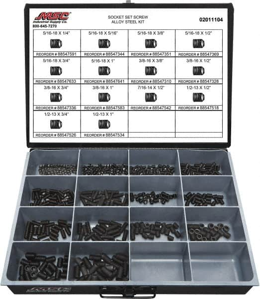 Value Collection - 500 Piece, 5/16 to 1/2, Steel Set Screw Assortment - Socket Cap Head, Hex Socket Drive, 1 to 3/4" Long - Makers Industrial Supply