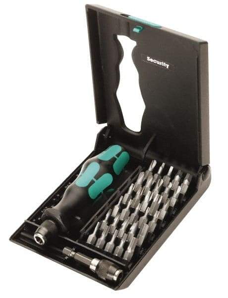 Wera - 32 Piece, 1/4" Drive Screwdriver Tamperproof Bit Set - Tamperproof 2 to 6mm Hex, Tamperproof 7 to 40 Torx, #0, #1, #2 & #3 Square Recess - Makers Industrial Supply