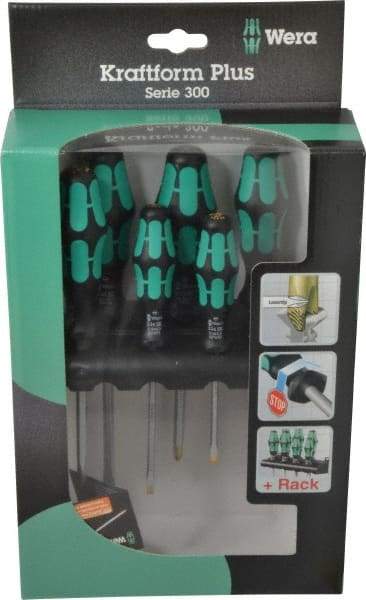 Wera - 6 Piece Phillips & Slotted Screwdriver Set - Hex with Bolster Shank, Kraftform Ergonomic Handle, Bit Sizes: Philips #1 & #2, Tip Thickness: 9/64, 5/32, 7/32 & 1/4 - Makers Industrial Supply