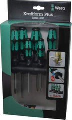 Wera - 6 Piece Pozidriv & Slotted Screwdriver Set - Hex with Bolster Shank, Kraftform Ergonomic Handle, Bit Sizes: Philips #1 & #2, Posidriv Point #1 & #2, Tip Thickness: 9/64, 5/32, 7/32 & 1/4 - Makers Industrial Supply