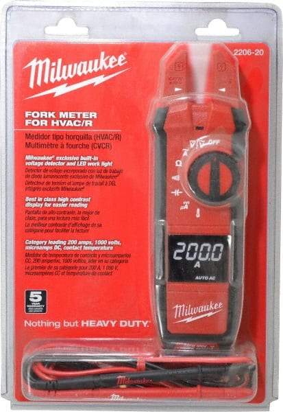 Milwaukee Tool - 2206-20, CAT IV, CAT III, Digital True RMS Clamp Meter with 0.63" Fork Jaws - 1000 VAC/VDC, 200 AC/DC Amps, Measures Voltage, Capacitance, Continuity, Current, Resistance, Temperature - Makers Industrial Supply