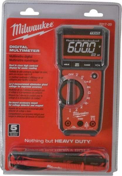 Milwaukee Tool - 2217-20, CAT III, 600 VAC/VDC, Digital True RMS Auto Ranging Multimeter - 40 mOhm, Measures Voltage, Capacitance, Current, Frequency, Resistance, Temperature - Makers Industrial Supply