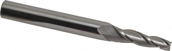 Accupro - 3° Taper Angle per Side, 1/4" Small End Diam, 1-1/4" LOC, Solid Carbide 3 Flute Tapered Square End Mill - 3" OAL, 3/8" Shank Diam, Spiral Flute - Makers Industrial Supply