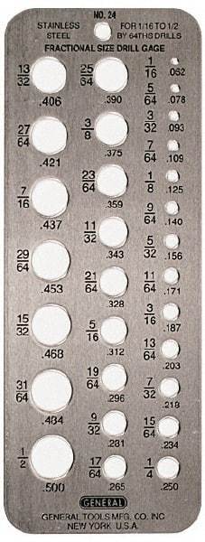 General - #60 Wire to #1 Wire Hole Size Drill Gage - 6-1/2 Inch Long, 2-1/2 Inch Wide, 60 Holes - Makers Industrial Supply