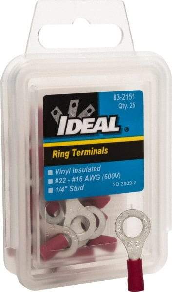 Ideal - 22-18 AWG Partially Insulated Crimp Connection Circular Ring Terminal - 1/4" Stud, 1.055" OAL x 0.394" Wide, Tin Plated Brass Contact - Makers Industrial Supply