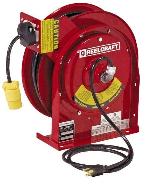 Reelcraft - 12 AWG, 45' Cable Length, Cord & Cable Reel with Outlet End - 1 Outlet, NEMA 5-15R, 15 Amps, 125 Volts, SJEOOW Cable, Red Reel - Makers Industrial Supply