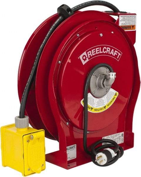 Reelcraft - 12 AWG, 50' Cable Length, Cord & Cable Reel with Duplex GFCI Outlet Box End - 2 Outlets, NEMA 5-15R, 15 Amps, 125 Volts, SEOOW Cable, Red Reel - Makers Industrial Supply