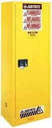 Justrite - 1 Door, 3 Shelf, Yellow Steel Space Saver Safety Cabinet for Flammable and Combustible Liquids - 65" High x 23-1/4" Wide x 18" Deep, Manual Closing Door, 22 Gal Capacity - Makers Industrial Supply