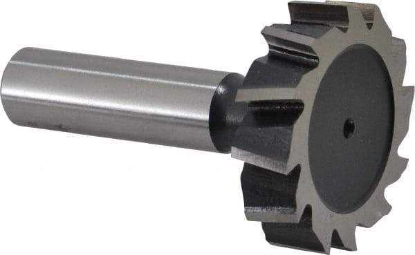 Interstate - 1-1/2" Diam x 3/8" Face Width, High Speed Steel, 16 Teeth, Shank Connection Woodruff Keyseat Cutter - Uncoated, 2-3/8" OAL x 1/2" Shank, Staggered Teeth, ANSI 1212, Old Standard G - Makers Industrial Supply