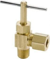 Parker - 1/4" Pipe, Angled Needle Valve - Compression x MNPTF Ends, Brass Valve, 150 Max psi - Makers Industrial Supply