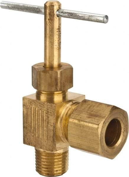 Parker - 5/16 x 1/8" Pipe, Angled Needle Valve - Compression x MNPTF Ends, Brass Valve, 150 Max psi - Makers Industrial Supply