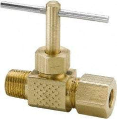 Parker - 3/8 x 1/4" Pipe, Inline Needle Valve - Compression x MNPTF Ends, Brass Valve, 150 Max psi - Makers Industrial Supply