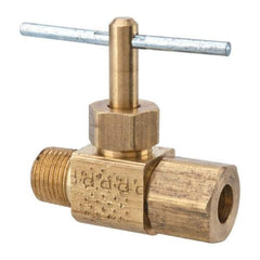 Parker - 1/4 x 1/8" Pipe, Inline Needle Valve - Compression x MNPTF Ends, Brass Valve, 150 Max psi - Makers Industrial Supply