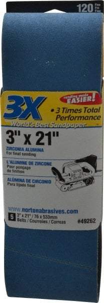 Norton - 3" Wide x 21" OAL, 120 Grit, Zirconia Alumina Abrasive Belt - Zirconia Alumina, Fine, Coated, Y Weighted Cloth Backing, Series 3X - Makers Industrial Supply