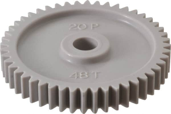 Made in USA - 20 Pitch, 2.4" Pitch Diam, 2-1/2" OD, 48 Tooth Spur Gear - 3/8" Face Width, 3/8" Bore Diam, 47/64" Hub Diam, 20° Pressure Angle, Acetal - Makers Industrial Supply