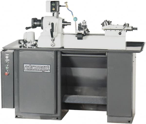 Vectrax - 9" Swing, 36" Between Centers, 220 Volt, Triple Phase Turret Lathe - 1 hp, 4,000 Max RPM, 2-3/16" Bore Diam, 35" Deep x 68" High x 74" Long - Makers Industrial Supply