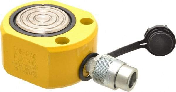 Enerpac - 30 Ton, 0.5" Stroke, 3.25 Cu In Oil Capacity, Portable Hydraulic Flat Body Cylinder - 6.49 Sq In Effective Area, 2.31" Lowered Ht., 2.81" Max Ht., 2.88" Cyl Bore Diam, 2.5" Plunger Rod Diam, 10,000 Max psi - Makers Industrial Supply