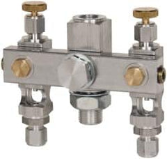 LDI Industries - 5/8-18 Outlet Thread, 1/4 Inlet Thread, Aluminum, Straight Valve, Oil Reservoir Needle Valve Manifold - 2 Outlet, 4-3/16" Wide, NPTF Inlet Thread, UNF Outlet Thread - Makers Industrial Supply