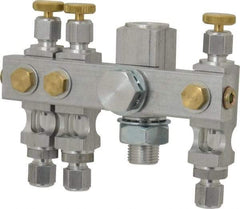 LDI Industries - 5/8-18 Outlet Thread, 1/4 Inlet Thread, Aluminum, Straight Valve, Oil Reservoir Needle Valve Manifold - 3 Outlet, 4-15/16" Wide, NPTF Inlet Thread, UNF Outlet Thread - Makers Industrial Supply