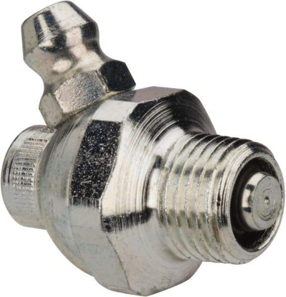 Alemite - 60° Head Angle, 1/8 PTF Nickel/Copper Shut-Off Grease Fitting - 5/8" Hex, 1" Overall Height, 17/64" Shank Length, Zinc Plated Finish - Makers Industrial Supply