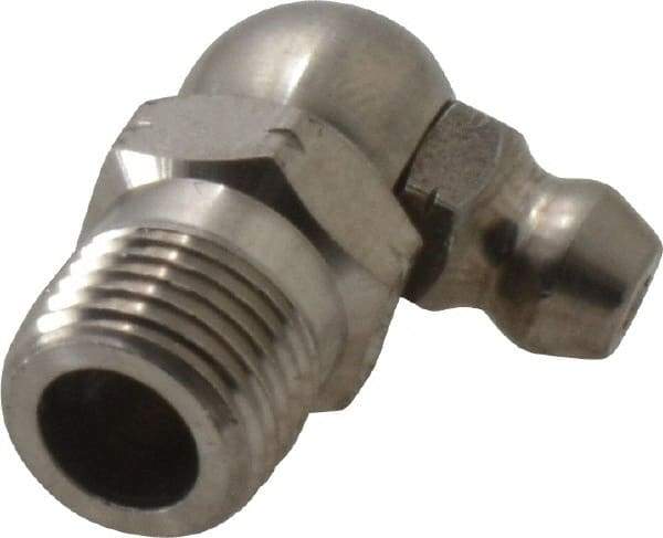 Alemite - 90° Head Angle, 1/8 PTF Nickel/Copper Standard Grease Fitting - 7/16" Hex, 7/8" Overall Height, 11/32" Shank Length - Makers Industrial Supply